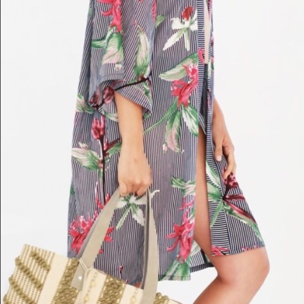 Tropical Floral Striped Kimono Swim Coverup Top - Picture 3 of 5